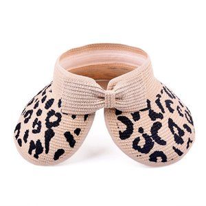 Leopard Bow Sun Visor Wide Brim Foldable Packable Ponytail Beach Hat Straw